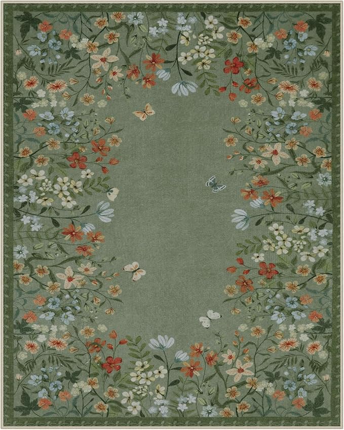 Wonnitar Washable 8x10 Living Room Area Rug, Large Green Floral Rugs for Bedroom, Non-Slip Soft Botanical Area Rug Throw Carpet for Dining Guest Room Playroom (Green,8'x10')
