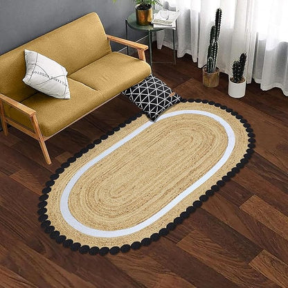 8x11 Oval Jute Rugs for Bedroom Kilim Rug Flatweave Rug Natural Jute Thick 0.27" Solid Pattern Black Beige Hand Braided Jute Handmade Boho Indoor Outdoor Rugs for Living Room Dining Room