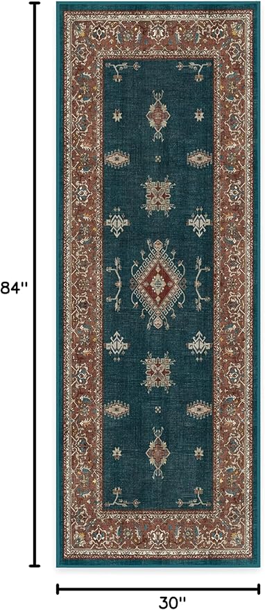 RUGGABLE Washable Vintage Runner Rug – Verena Teal Blue 2.5x7, Stain-Resistant, Non-Slip Hallway Runner – Machine Washable Rug for Hallway, Entryway, Living Room & Kitchen–with Standard Pad