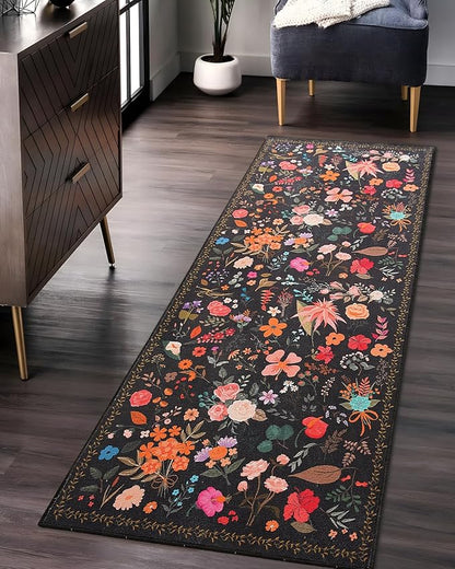 Boho Floral Runner Rug 2x6, Washable Non-Slip Kitchen Rug, Ultra Soft Vintage Carpet for Hallways, Kitchen, Bedroom, Bathroom (Black)