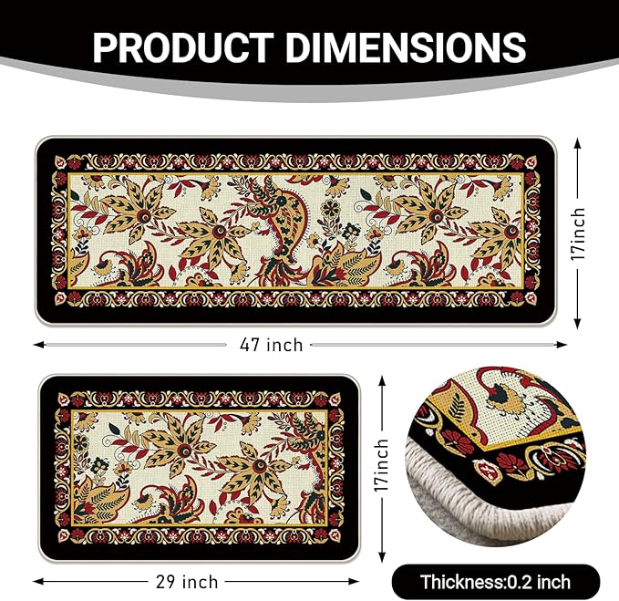 Vintage Floral Kitchen Rugs Set of 2, Traditional Ethnic Paisley Flowers Floor Mats Home Decor, Retro Ornate Door Mat Decorations - 17x29 and 17x47 Inches