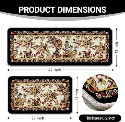 Vintage Floral Kitchen Rugs Set of 2, Traditional Ethnic Paisley Flowers Floor Mats Home Decor, Retro Ornate Door Mat Decorations - 17x29 and 17x47 Inches