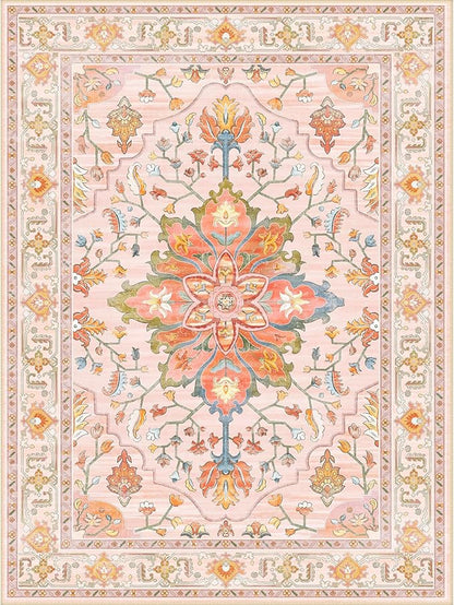 Area Rugs 3'x4' Washable Non-Slip, Floral Vintage Distress Print Pattern Medallion Carpet for Living Room Bedroom Dining Room, Light Pink Colorful
