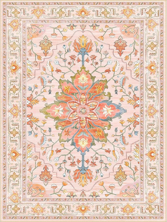 Area Rugs 3'x4' Washable Non-Slip, Floral Vintage Distress Print Pattern Medallion Carpet for Living Room Bedroom Dining Room, Light Pink Colorful