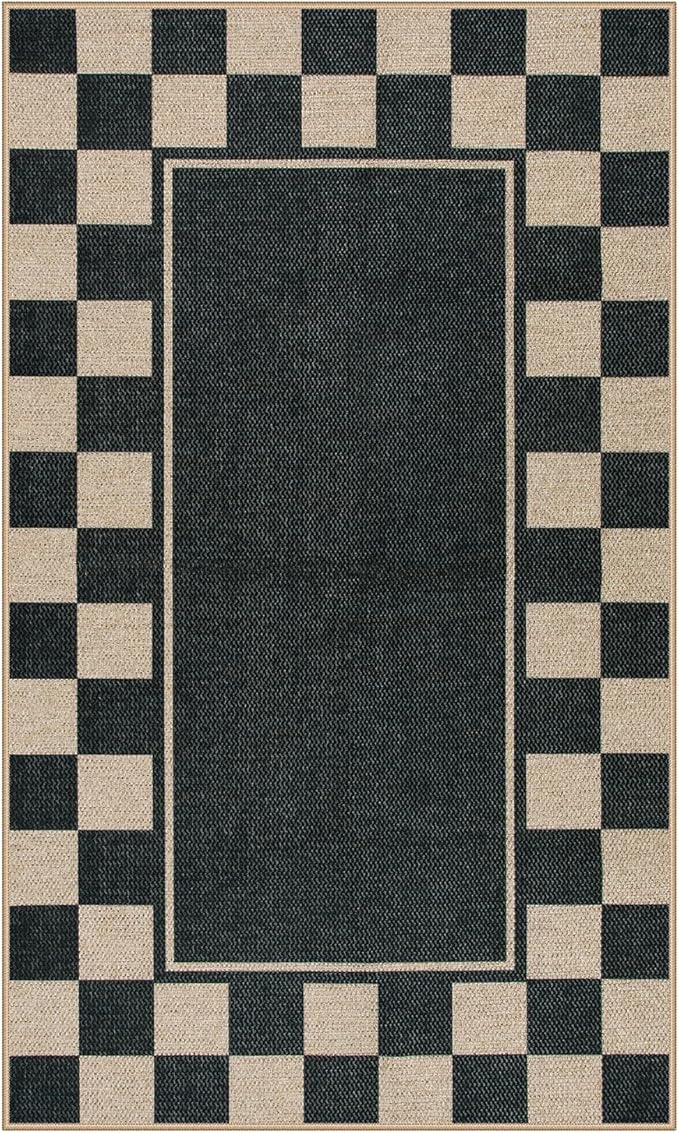 Moynesa Easy Jute Rug Checkered Outdoor Patio Rug 3x5, Washable Rugs for Entryway Non Slip Bordered, Indoor Outdoor Carpet for Living Room Bedroom Kitchen Farmhouse Backyard, Black