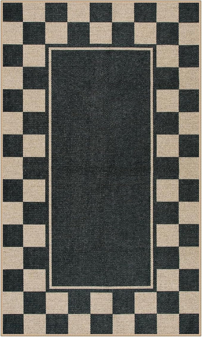 Moynesa Easy Jute Rug Checkered Outdoor Patio Rug 3x5, Washable Rugs for Entryway Non Slip Bordered, Indoor Outdoor Carpet for Living Room Bedroom Kitchen Farmhouse Backyard, Black