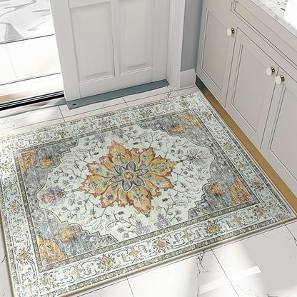 Area Rugs 2'x3' Washable Non-Slip, Floral Vintage Distress Print Pattern Medallion Carpet for Living Room Bedroom Dining Room, Light Yellow Carbon Grey Orange