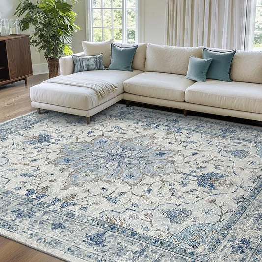 Area Rugs 8'x10' Washable Non-Slip, Floral Vintage Distress Print Pattern Medallion Carpet for Living Room Bedroom Dining Room, Light Blue Navy Beige Gray White