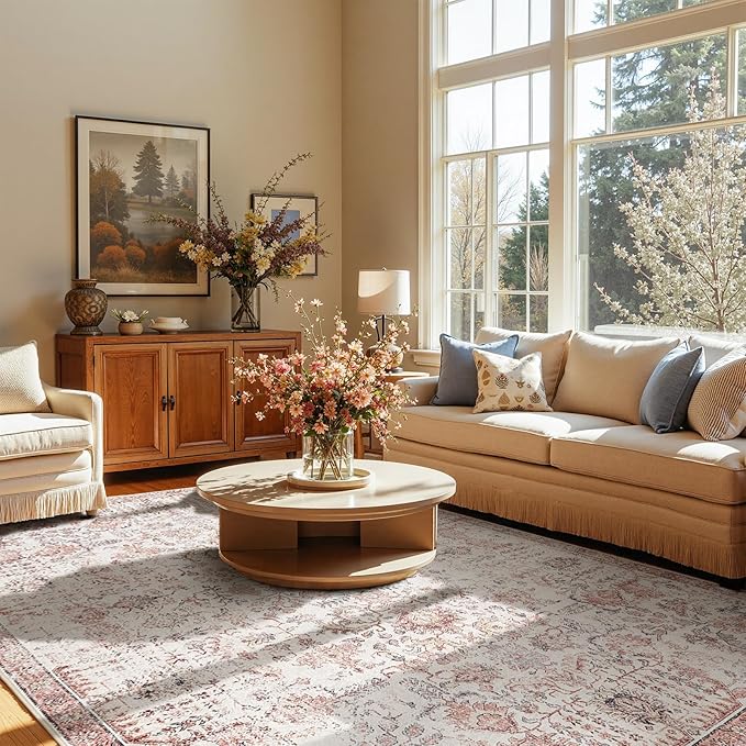 jinchan Kalen Area Rug 6x9 Washable Living Room Rug Vintage Indoor Large Floor Cover Retro Accent Mat Distressed Floral Country Boho Non Slip Thin Carpet for Bedroom Dining Room Office Red Multi