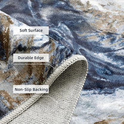 2x6 Runner Rug for Hallways Kitchen Modern Abstract Washable Runner Rug Blue Soft Non Slip Marble Carpet Runner for Laundry Entryway Bedroom Bathroom