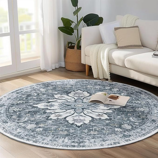 Area Rugs 6ft Washable Non-Slip, Floral Vintage Distress Print Pattern Medallion Carpet for Living Room Bedroom Dining Room, Light Gray Grey White