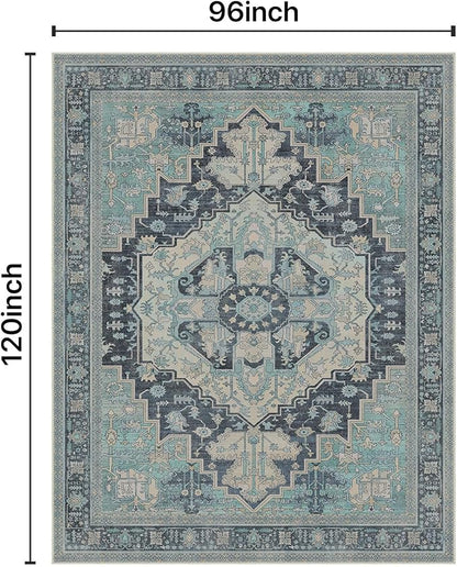 GENIMO 8X10 Area Rugs for Living Room, Machine Washable Vintage Floor Cover Foldable Modern Non Slip Rug, Low Pile Soft Indoor Carpet Floral Print Mat Rug,Bedroom/Dining Room/Home Office,Teal