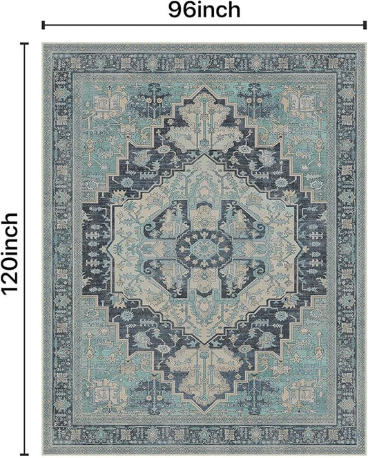 GENIMO 8X10 Area Rugs for Living Room, Machine Washable Vintage Floor Cover Foldable Modern Non Slip Rug, Low Pile Soft Indoor Carpet Floral Print Mat Rug,Bedroom/Dining Room/Home Office,Teal