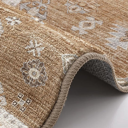LUMI Indoor Thin Door Mat, 18x30 Washable Small Inside Doormat, Non Slip Low Pile Oriental Floor Carpet, Vintage Distressed Area Rug for Front Door,Entrance,Bedroom, Amber