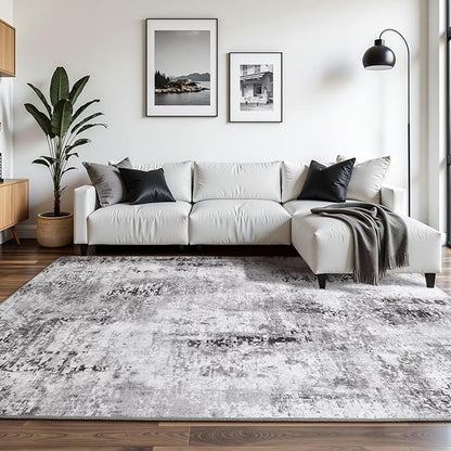 Washable Abstract Rug, 6x9 Modern Area Rugs with Non-Slip Rubber Backed for Living Room, Thin but Soft Contemporary Carpet Kitchen Bedroom Dining Room Decor, Dark Grey