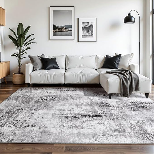 Washable Abstract Rug, 6x9 Modern Area Rugs with Non-Slip Rubber Backed for Living Room, Thin but Soft Contemporary Carpet Kitchen Bedroom Dining Room Decor, Dark Grey