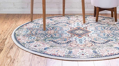 Unique Loom Narenj Collection Classic Traditional Medallion Textured Design Area Rug, Round 5' 0" x 5' 0", Ivory/Tan