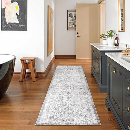 jinchan Kalen Runner Rug 2x7 Washable Hallway Rug Vintage Indoor Thin Retro Floor Cover Distressed Gray Floral Country Lightweight Non Slip Carpet for Entryway Bathroom Bedroom Living Room Grey