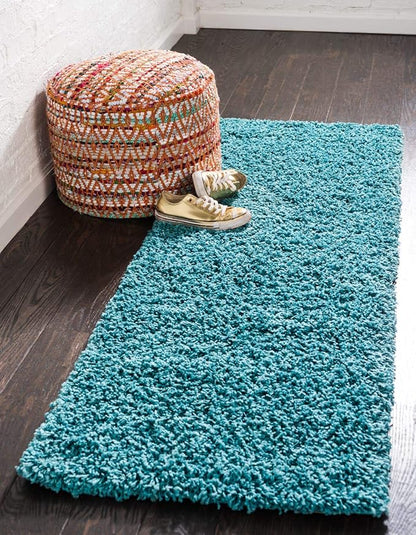 Unique Loom Solid Shag Collection Area Rug (2' 6" x 16' 5" Runner, Deep Aqua Blue)