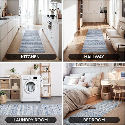 2x10 Runner Rug Machine Washable Non Slip Area Rug Distressed Neutral Moroccan Boho Rug Ultra Soft Floor Runners for Hallways for Entryway Laundry Room Kitchen, Blue