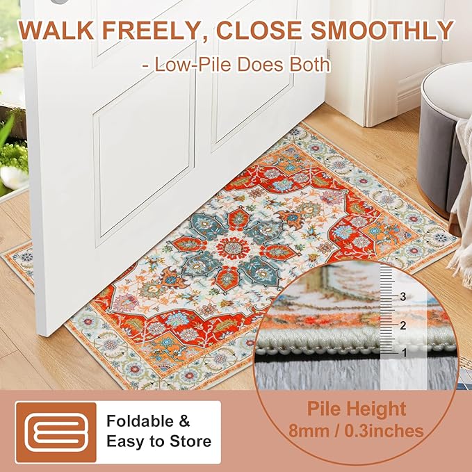 WILLSUN Washable Area Rugs, 8x10 Non-Slip Boho Large Area Rugs for Living Room, Bedroom, Machine Washable Vintage Rug, Indoor Floral Print Carpet for Home Decor, Kid & Pet Friendly Mat