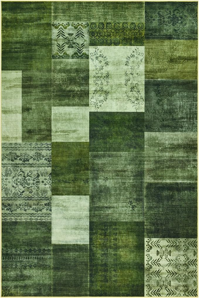 Tepook Modern Area Rug for Living Room, 8x10 Geometric Large Rugs for Bedroom, Washable Patchwork Rug Indoor Non-Slip Throw Carpets for Dining Room Office Farmhouse Home Decor, Green