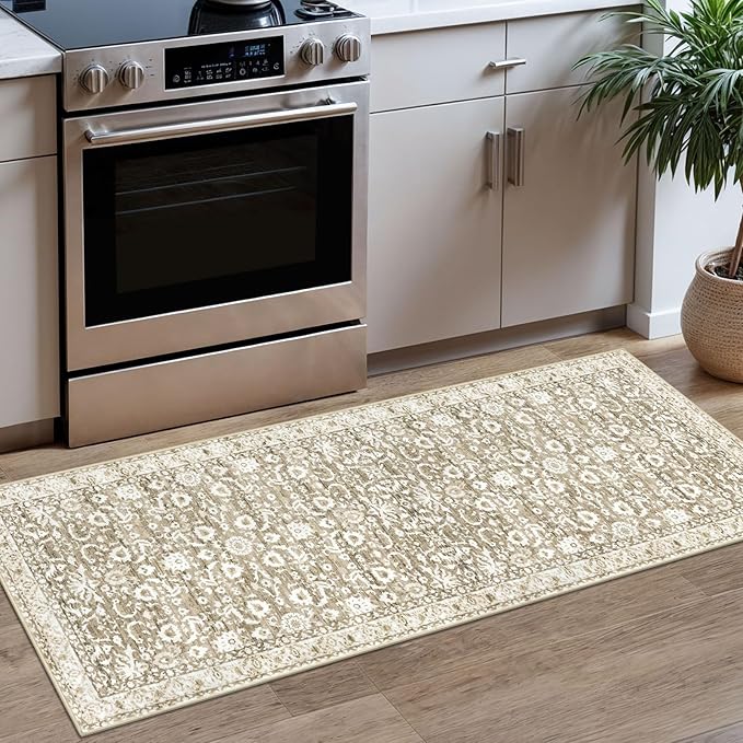 Vintage Floral 2x5 Runner Rug, Beige Tan White Washable Hallway Runner Rug Non-Slip Kitchen Rug Runner Super Soft Thin Printed Faux Wool Carpet for Entryway Bedroom Bedside Laundry Room Indoor
