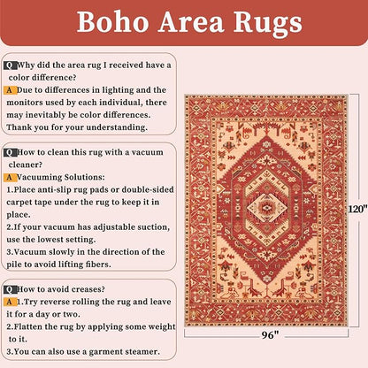 SERISSA Washable Rugs 8x10 Area Rugs, Large Non-Slip Boho Living Room Rug, Ultra Soft Oriental Vintage Red Beige Print Distressed Carpet for Dining Room Bedroom Dorm Office Home Decor