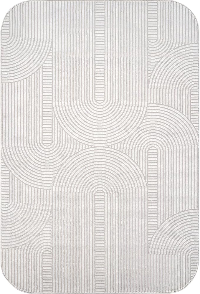 Beverly Rug Modern Geometric Area Rug 8x10 Low-High Pile Durable Soft Abstract Semi-Circles Indoor Rugs for Living Dining Room Office Stain Resistant Non Shedding Indoor Carpet Beige White 8 x 10