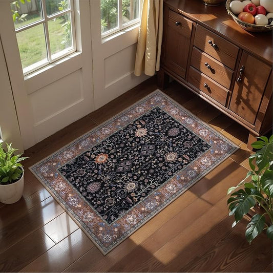 Ciicool Small Area Rug, 2x3ft Boho Black Rug, Ultra Soft Entry Rugs for Entryway, Non-Slip Washable Rugs Oriental Low-Pile Indoor Mat Floor Carpet for Entrance Bedroom Kitchen Bathroom Foyer Decor