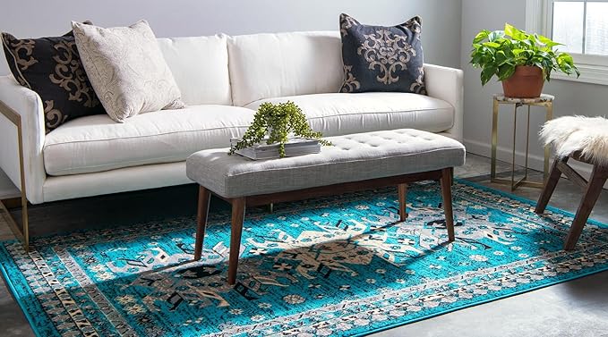 Unique Loom Taftan Collection Border Geometric Tribal Inspired Design Area Rug (9' 0 x 12' 0 Rectangular, Turquoise/ Gray)