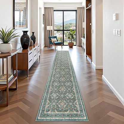 WITSHOCK 2x10 Long Runner Rug for Hallway,Washable Rug Distressed Boho for Bedroom Kitchen Entryway Indoor Entrance,Non Slip Runner Rugs with Rubber Backing（Teal Blue,2x10）