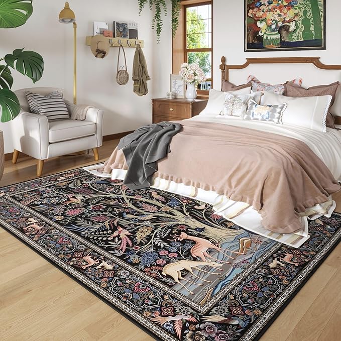Rugcomf 8x10 Area Rugs Vibrant Tree of Life-Patterned Vintage Washable Area Rug Non Slip Low Pile Large Rug for Bedroom Farmhouse Dining Room Kids Playroom, Black