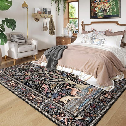 Rugcomf 8x10 Area Rugs Vibrant Tree of Life-Patterned Vintage Washable Area Rug Non Slip Low Pile Large Rug for Bedroom Farmhouse Dining Room Kids Playroom, Black