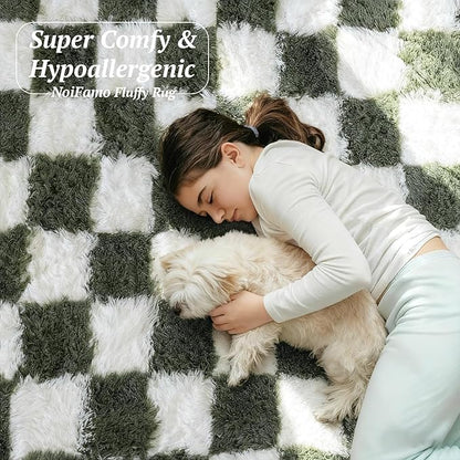 8x10 Area Rugs for Living Room Bedroom, Soft Fluffy Shaggy Bedside Rug, Indoor Floor Carpet for Kids Playroom, Dorms, Nursery Rooms, Home Decor (Olive Green & White 8'x10')
