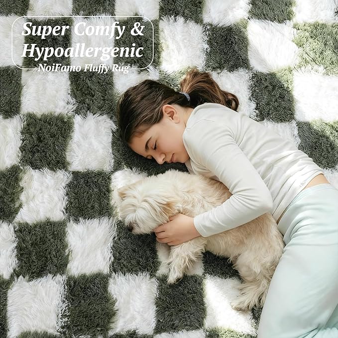 6x9 Area Rugs for Living Room Bedroom, Soft Fluffy Shaggy Bedside Rug, Indoor Floor Carpet for Kids Playroom, Dorms, Nursery Rooms, Home Decor (Olive Green & White 6'x9')