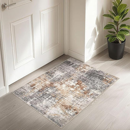 2x3 Entryway Area Rug: Washable Neutral Modern Abstract Small Rug - Non-Slip Low Pile Throw Indoor Carpet for Entrance Kitchen Front Door Mat Bathroom Entry Kids Room - Grey Brown