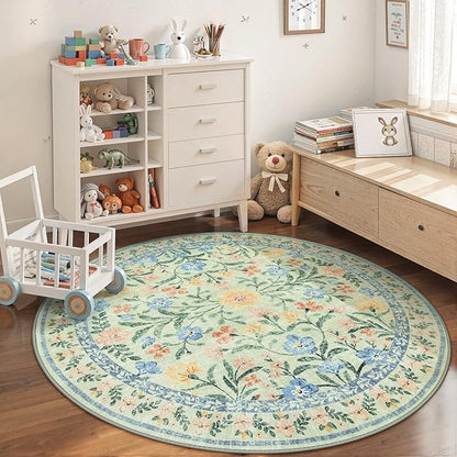 Wonnitar Washable Floral Round Rug, 6ft Sage Green Round Area Rugs for Bedroom Nursery, Boho Non-Slip Indoor Large Circle Carpets for Dining Room Living Room Kids Playroom