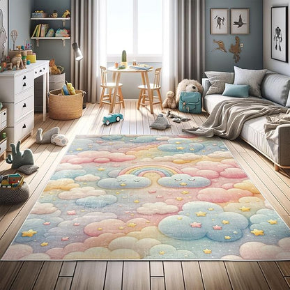 Ambesonne Cartoon Sky Decorative Rug, Dreamy Colors Celestial Atmosphere with Starry Kawaii Clouds Rainbow, Quality Carpet for Bedroom Dorm and Living Room, 5' 1" X 7' 5", Blush Mustard Blue