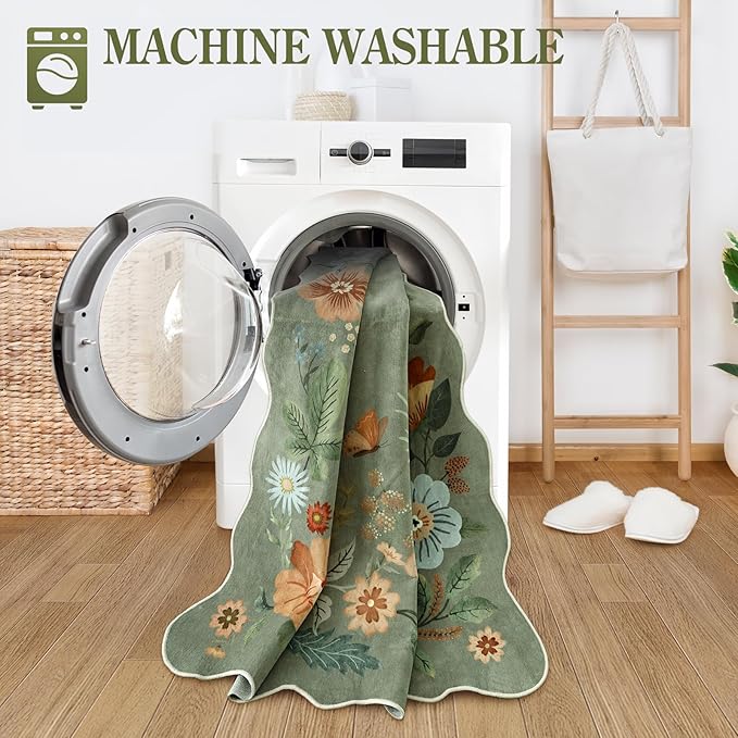 Lahome Floral Rugs for Entryway, 2X3 Washable Kitchen Rugs Ultra-Thin Soft Rug, Non Slip Indoor Door Mat Stain Resistant Boho Small Low-Pile Throw Carpet for Bathroom Bedroom(2x3ft,Green)