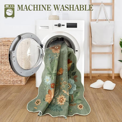 Lahome Floral Round Area Rugs, Washable Small Round Rug 3ft Non-Slip, Soft Boho Ultra-Thin Circle Carpet for Bedroom Entryway Kitchen Laundry Bathroom, Green