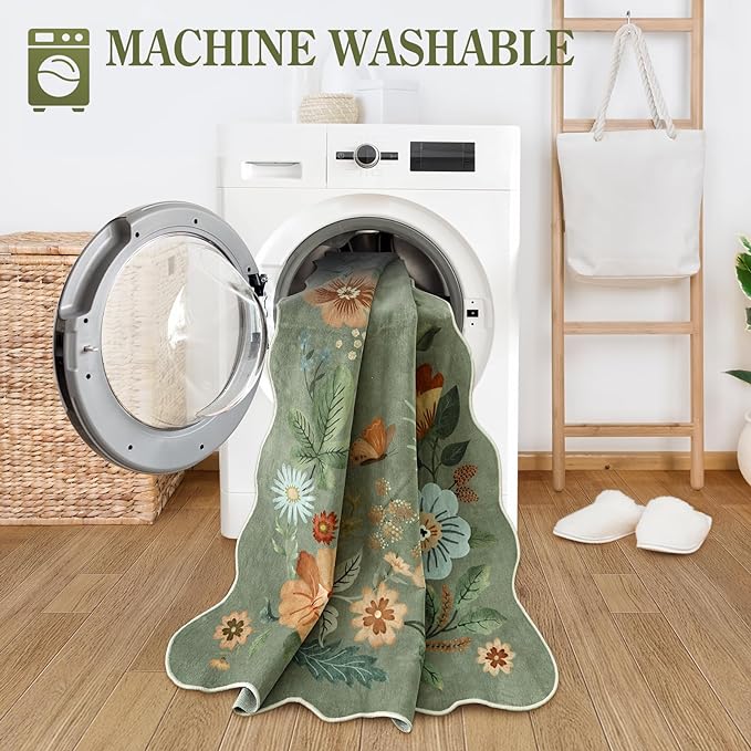 Lahome Floral Rugs for Entryway, 2x4 Washable Kitchen Rugs Ultra-Thin Soft Rug, Non Slip Indoor Door Mat Stain Resistant Boho Small Low-Pile Throw Carpet for Bathroom Bedroom(2x4ft,Green)