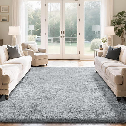 Fluffy Rug Shaggy Area Rug, Grey 9x12 Area Rugs for Living Room, Large Shag Area Rugs for Bedroom Kids Room Home Decor, Upgrade Anti-Skid Rectangular Fuzzy Rugs