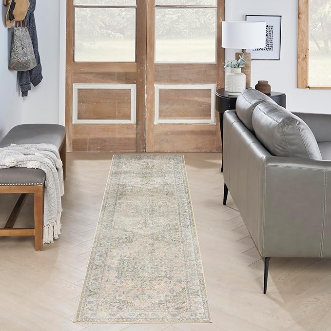 Nourison Home Astra Machine Washable Blue Green 2'2" x 10' Area Rug - Easy Clean, Non Shedding, Bed Room, Living Room, Dining Room, Kitchen (10' Runner)