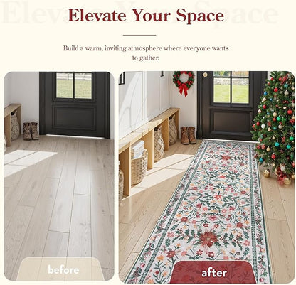 Lahome Christmas Runner Rug for Hallway 2'6'' x 8', Christmas Kitchen Front Porch Decor Carpet Runners 8ft, Botanical Narrow Rugs for Long Front Porch Winter Greenery Holiday Decor