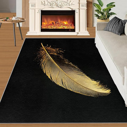 Golden Feathers Rugs for Bedroom - 5x7 Area Rug - Black Gold Feathers Rugs for Living Room, Modern Minimalist Art Rug, Washable Home Decor Carpet