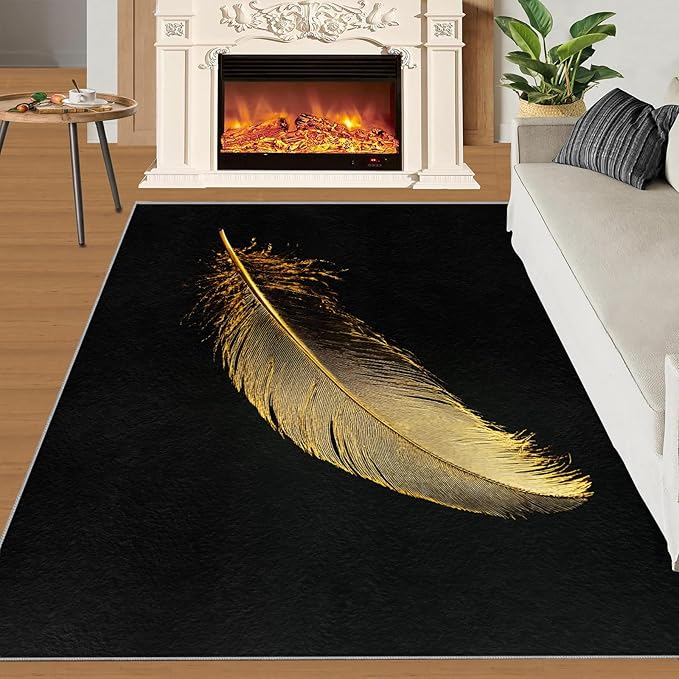 Golden Feathers Rugs for Bedroom - 4x6 Area Rug - Black Gold Feathers Rugs for Living Room, Modern Minimalist Art Rug, Washable Home Decor Carpet