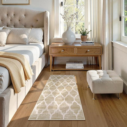 Lahome Moroccan Runner for Hallway - 2x4 Area Rug Washable Non-Slip Soft Bathroom Runner Ultra-Thin Small Kitchen Mat, Modern Print Distressed Floor Runners for Entryway Bedroom （(Taupe, 2'x4')