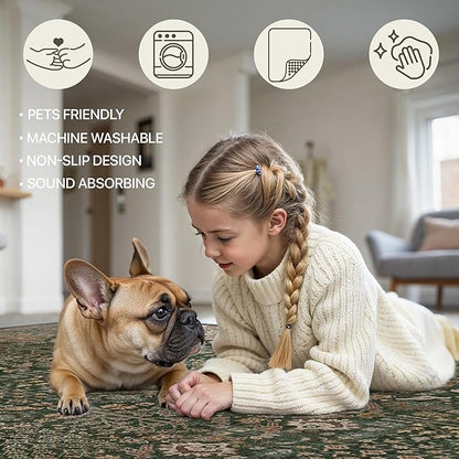Bavni Area Rugs for Living Room, 5x7 Area Rugs Non-Slip Washable，Ultra-Thin Aesthetic Boho Rug for Bedroom Dinning Room Office, Dark Green/Multi