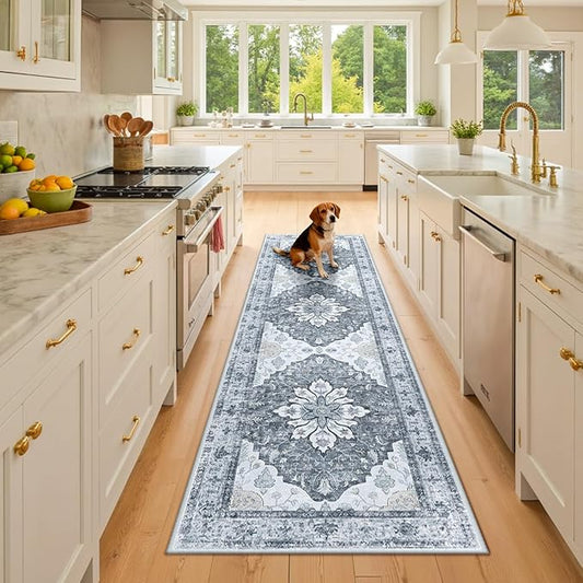 Area Rugs 2'x8' Washable Non-Slip, Floral Vintage Distress Print Pattern Medallion Carpet for Living Room Bedroom Dining Room, Light Gray Grey White